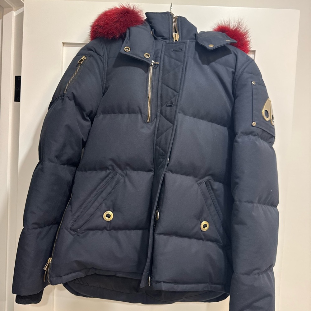 Moose Knuckles Navy Jacket with Red Fur Trim